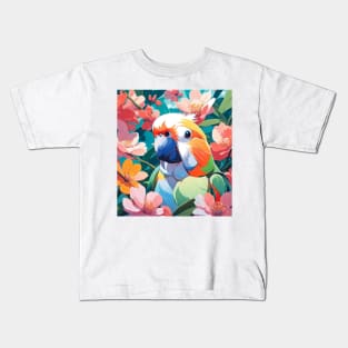 Garden Lovebird- lovebird in front of vibrant florals Kids T-Shirt